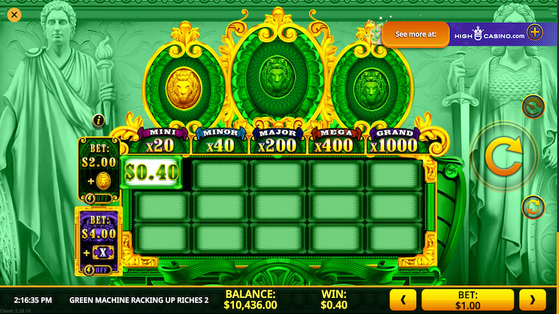 Green Machine Racking Up Riches 2 grid layout and symbols