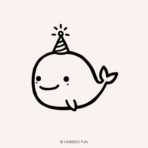 Simple whale drawing, Whale with Party Hat