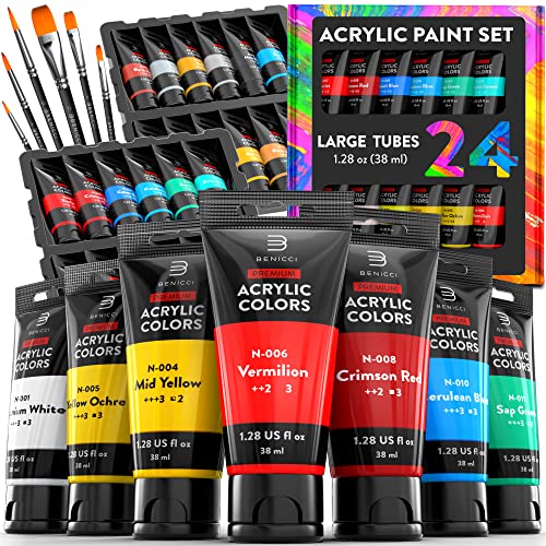 Premium Quality Acrylic Paint Set 24 Colors - 1.28oz (38ml) - with 6 Nylon Brushes - Safe for Kids & Adults - Perfect Kit for Beginners, Pros & Artists to Create Amazing Paintings and Artwork