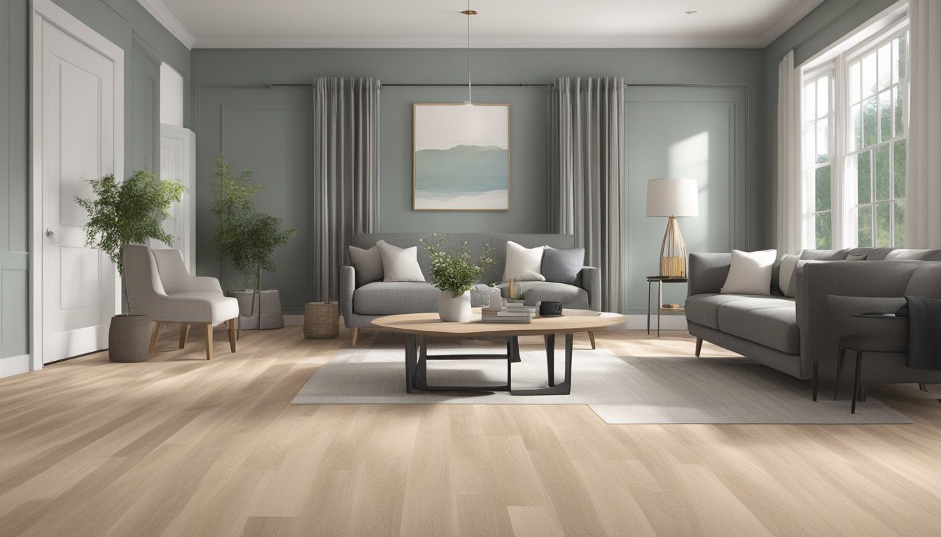 A room with LVT and laminate flooring side by side. LVT is a luxury vinyl tile with a realistic wood or stone look. Laminate has a similar appearance but is made of compressed wood