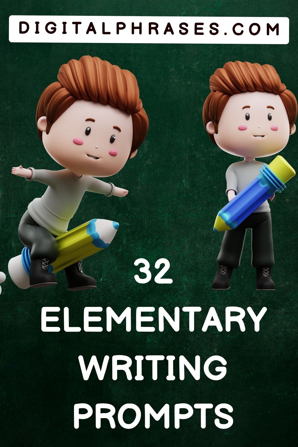 green background image with text - 32 Elementary Writing Prompts