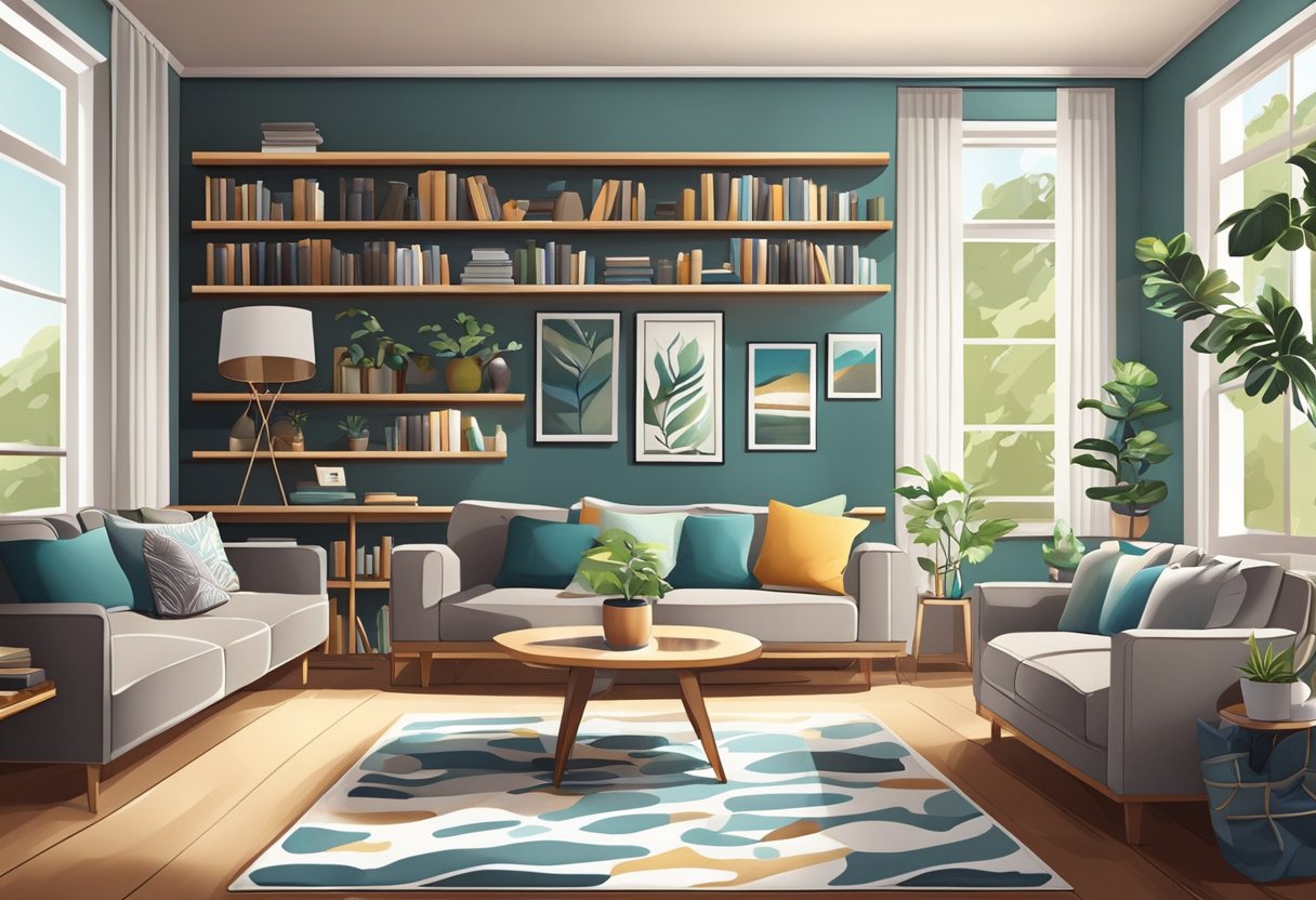A clutter-free living room with sparkling clean surfaces, organized shelves, and freshly vacuumed carpets. A welcoming aroma of freshly brewed coffee fills the air