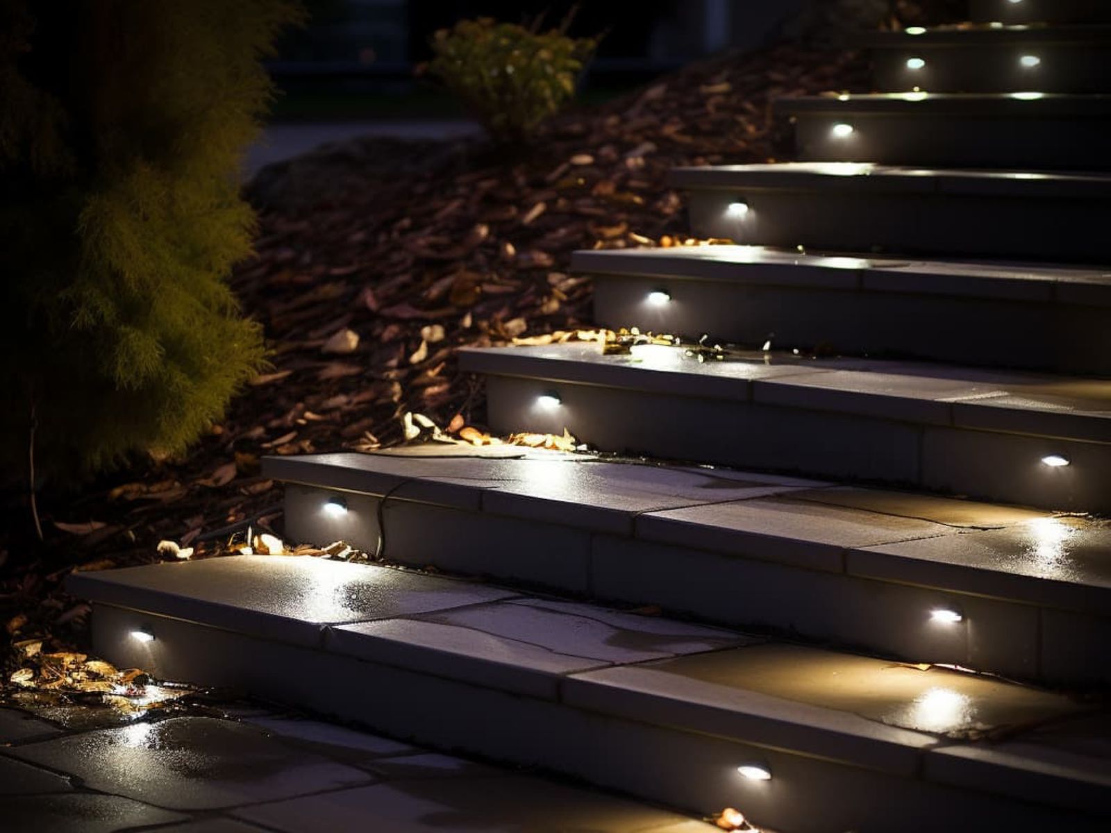 A staircase illuminated with step lights