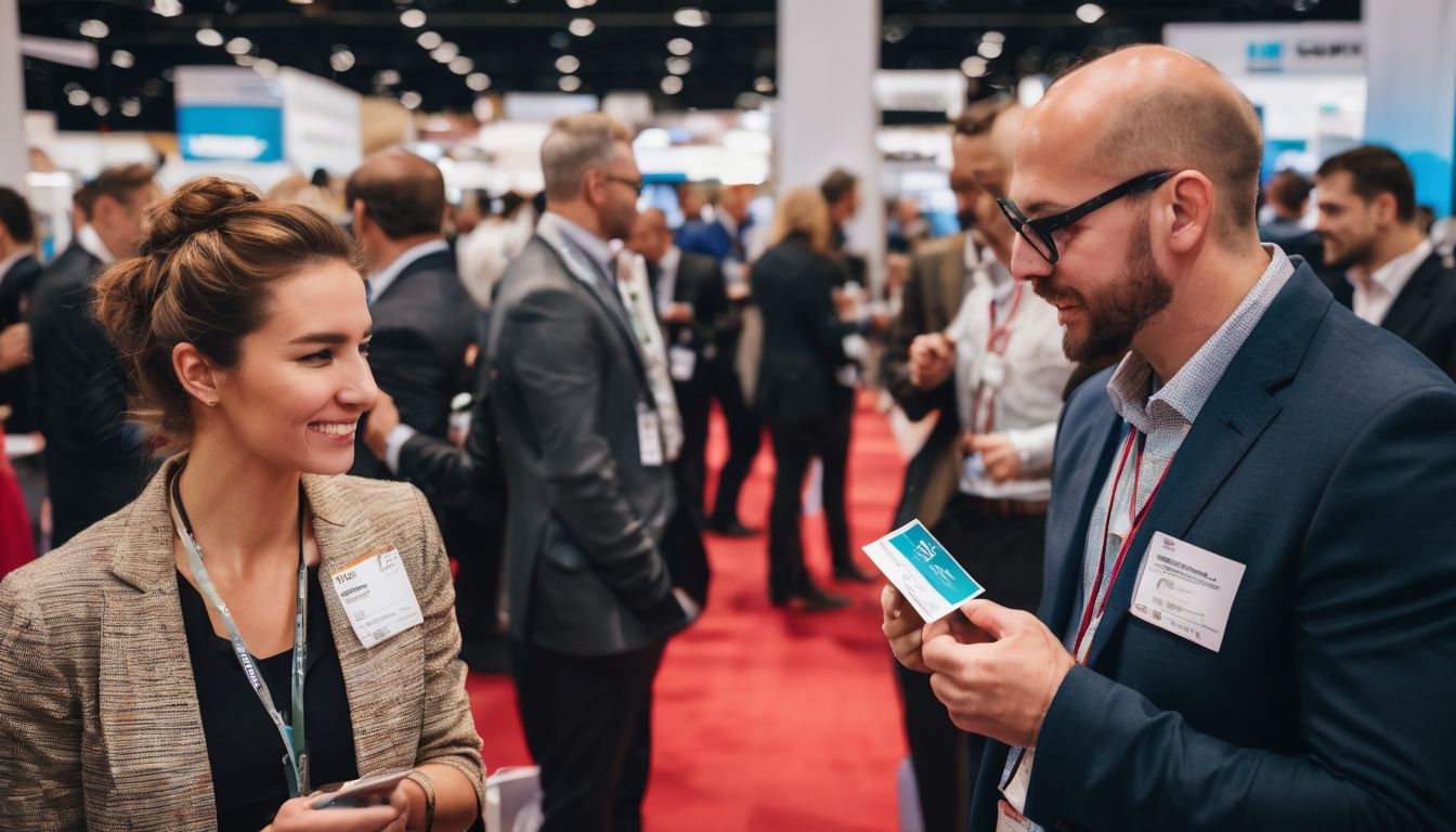 A diverse group of professionals networking at a bustling trade show.