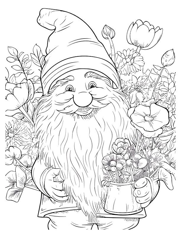 Laughing Gnome Holding Flower Pot In Floral Backdrop 