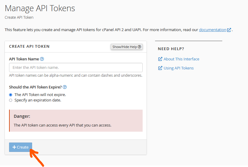 manage API tokens in cPanel