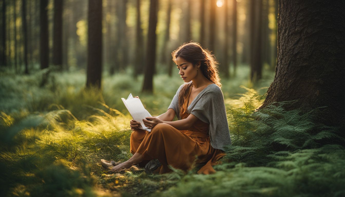 A person enjoying nature in various outfits and hairstyles in a forest clearing.