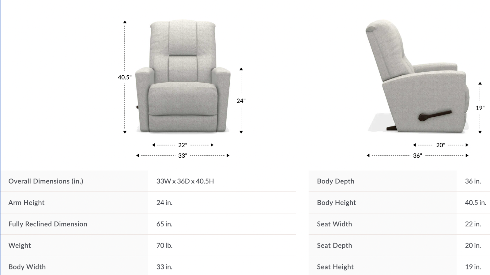 casey rocking recliner dimensions