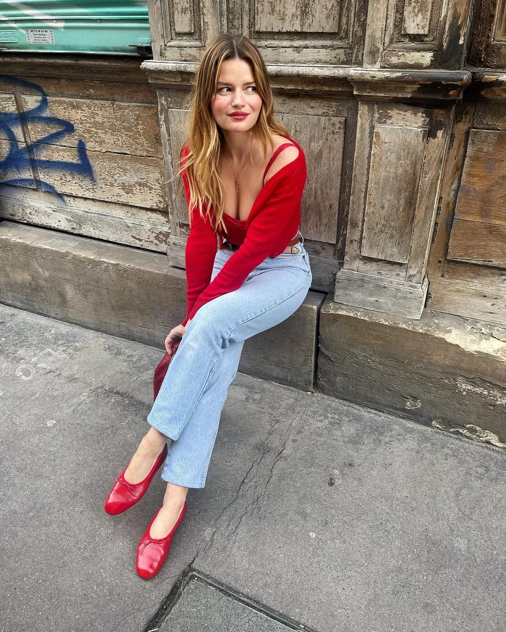 Red Top + Light-Wash Jeans + Red Ballet Flats