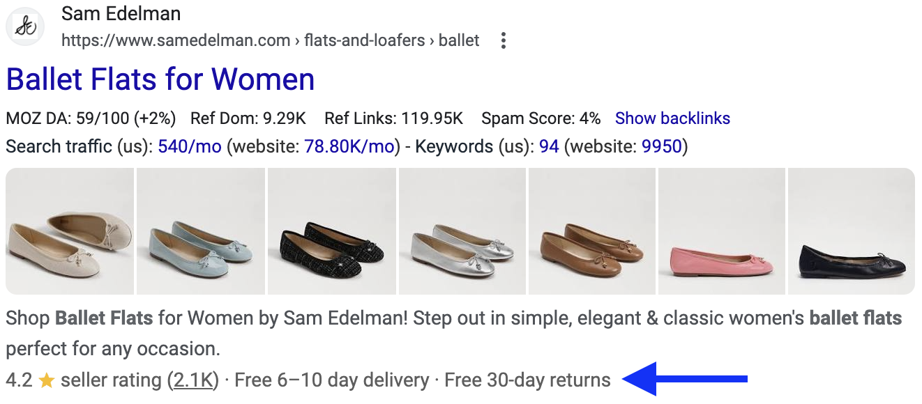 Technical SEO for ecommerce: A search engine result from the shoe brand Sam Edelman that includes a schema markup that’s helpful for shoppers.