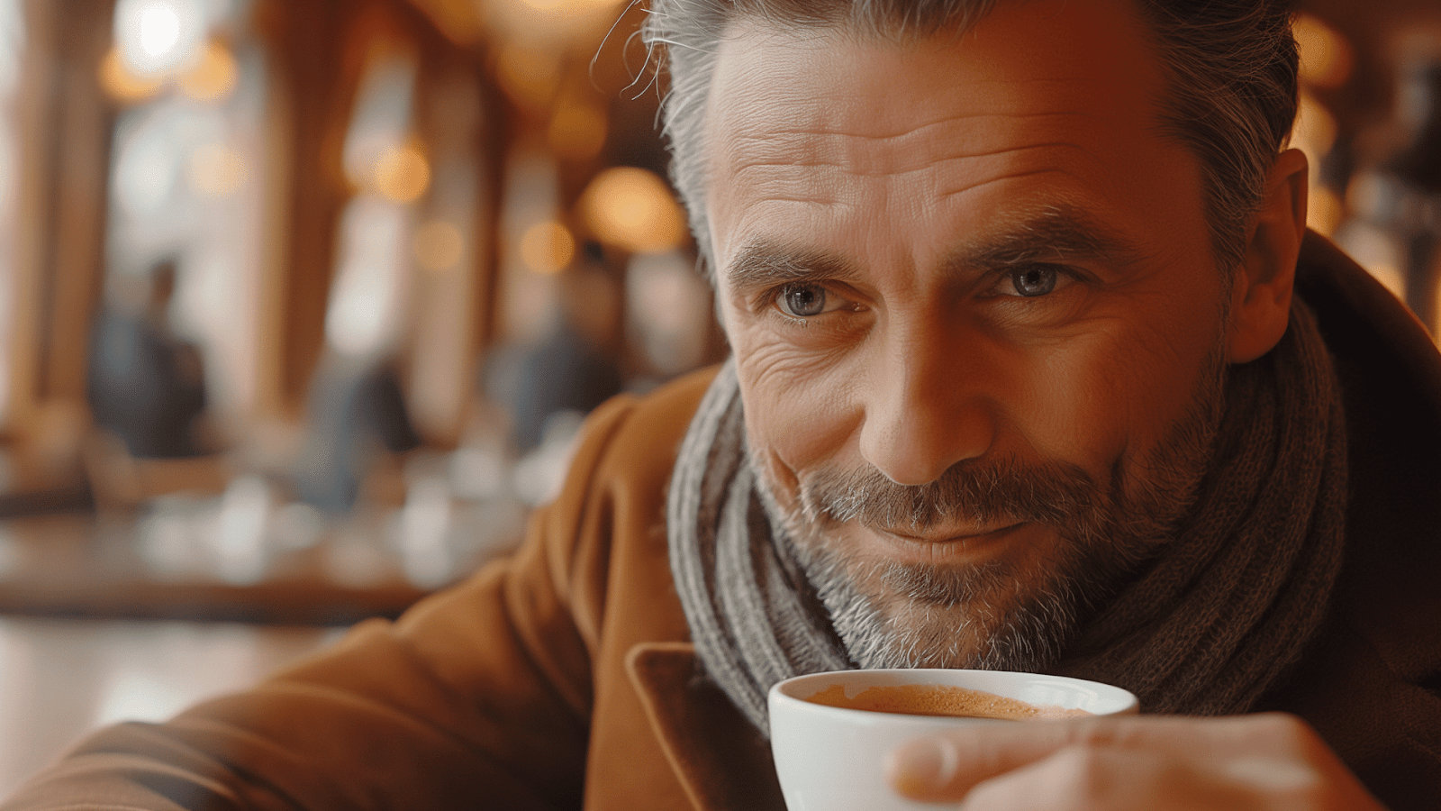 Man with coffee in a cozy European café
