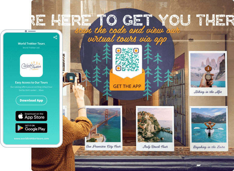 A travel agency promoting virtual tours and a QR Code to download the agency's app.