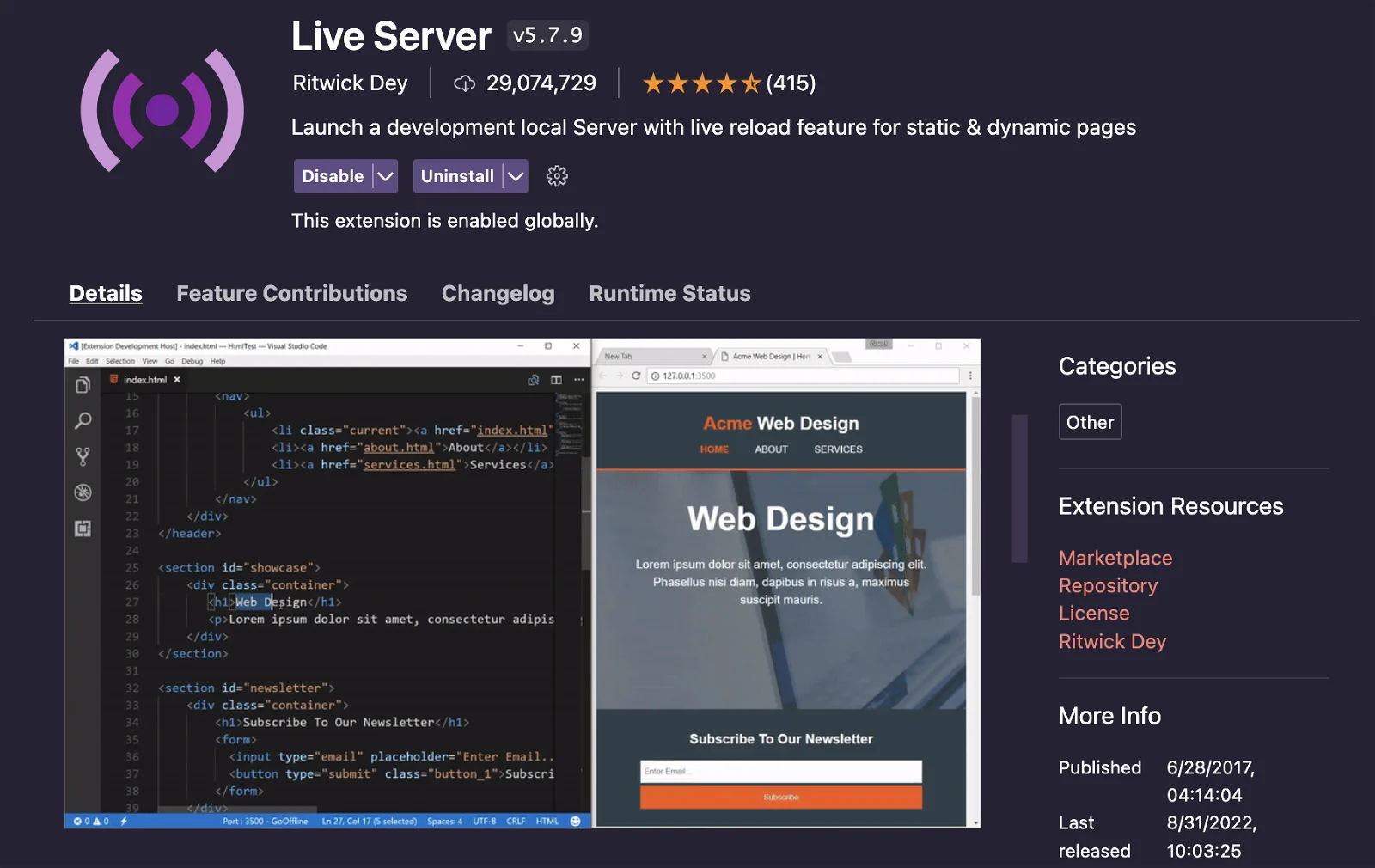 Live Server extension visual studio code