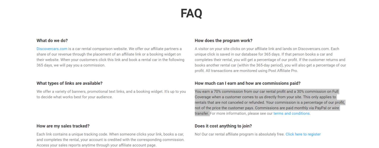 Discover cars affiliate program FAQs page