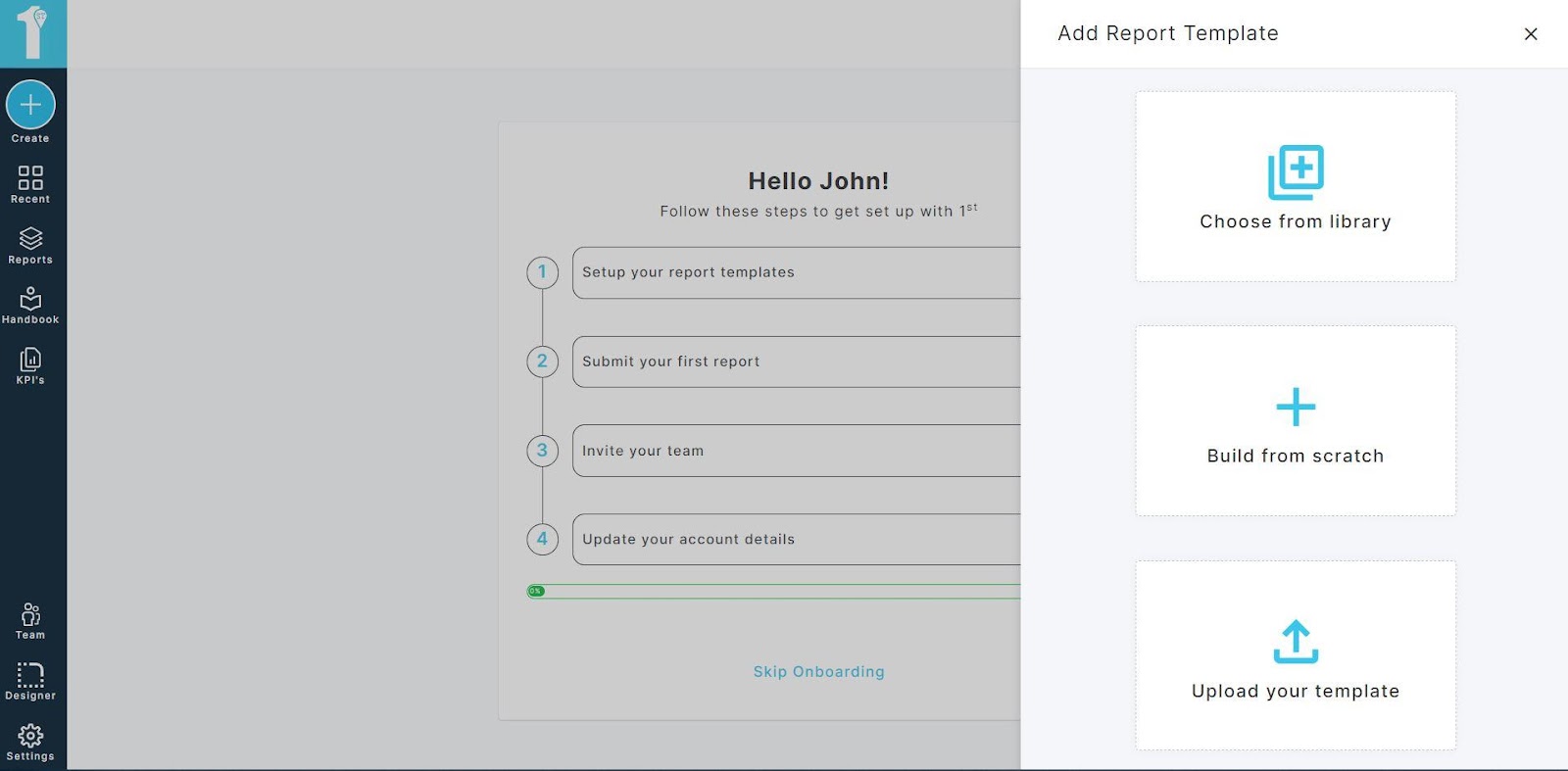 A screenshot of the 1st Reporting platform - starting a new report.