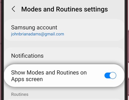 Show Modes and Routines on Apps screen highlighted and switched on
