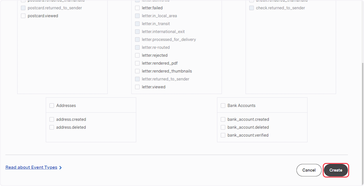 Save the webhook by clicking on the Create button.