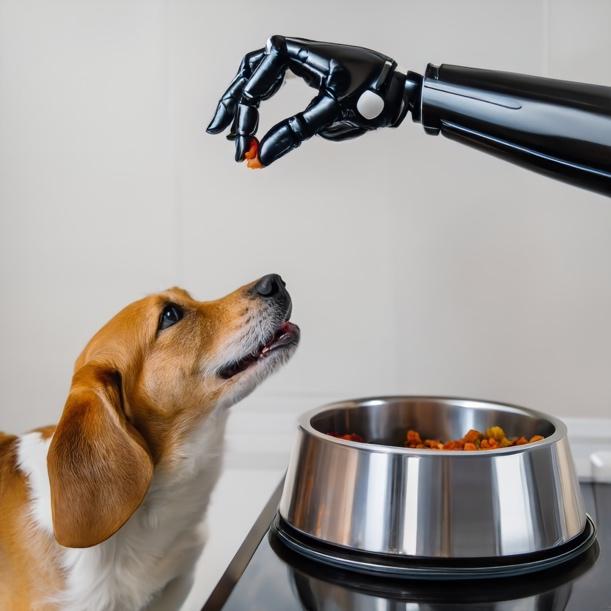 A dog looking at a bowl of food

Description automatically generated