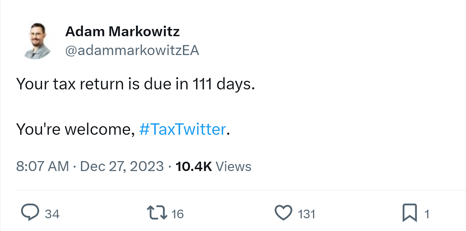 Adam Markowitz tweet about the upcoming tax filing deadline