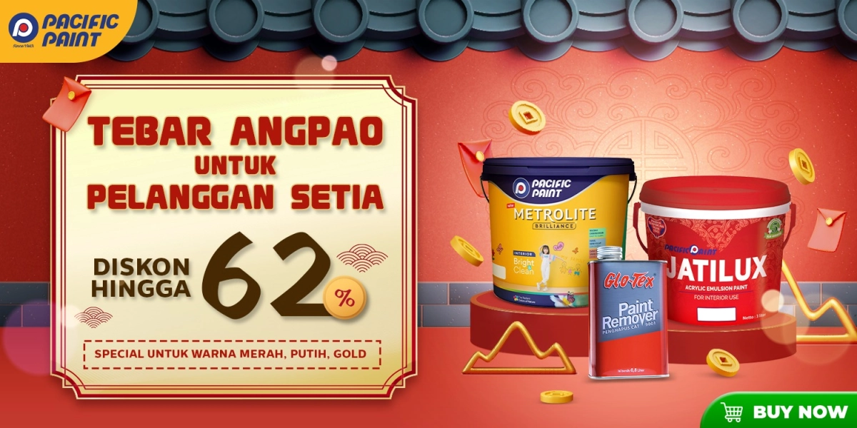 Promo Pacific Paint Diskon Hingga 62% untuk warna merah, putih dan gold.