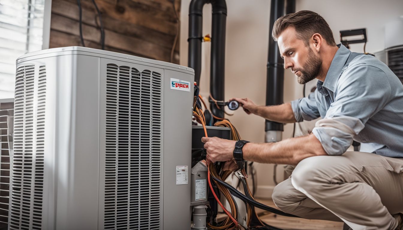 A technician installs a heat pump system in a residential home.