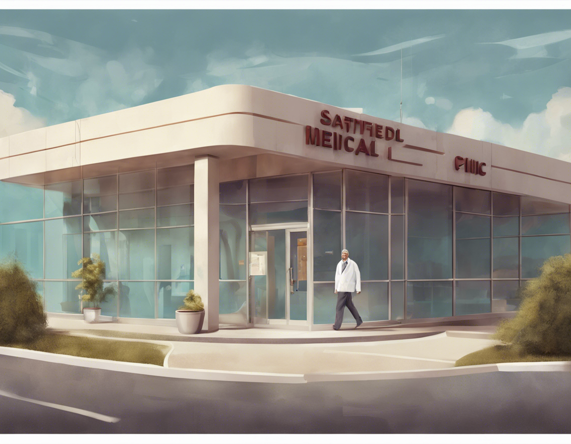 Довольный пациент покидает современную медицинскую клинику