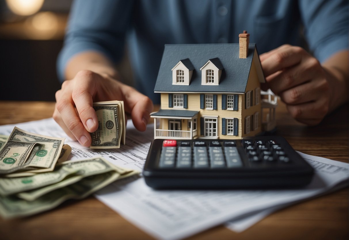 A person holding a house model in one hand and counting money in the other, with a calculator and paperwork on a table