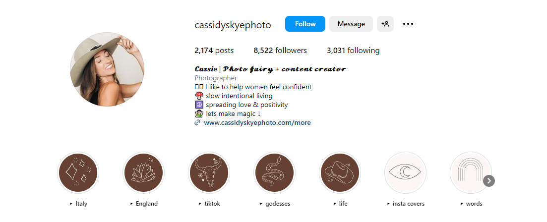 Cassidy Instagram profile with boho highlight cover