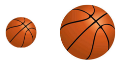 Graphic showing two basketballs of different sizes. One is small, about 1.5 cm in height; the other is large, about 3 cm in height