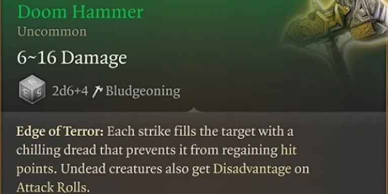 An in game image of the Doom Hammer and stats from Baldur's Gate 3. 