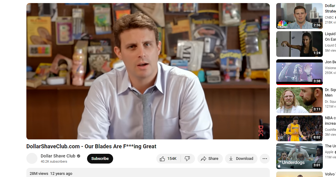 The "Our Blades are F***ing Great" campaign by Dollar Shave Club, one of the most well-received video ads by a D2C business.
