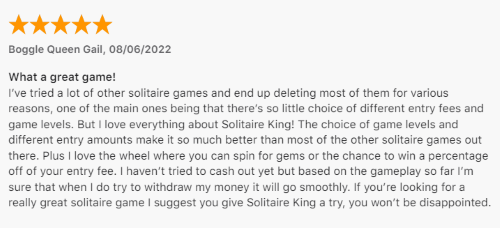 A 5-star Solitaire King review from a user who loves the game and likes that you can win discounts on your entry fee. 