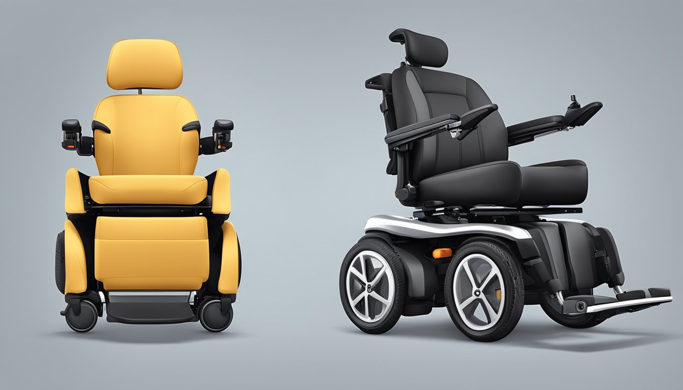 Two electric wheelchairs side by side, one with plush cushioning and adjustable armrests, the other with ergonomic design and easy-to-use controls