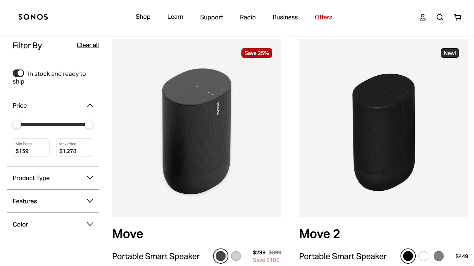 A screenshot of two products on the Sonos ecommerce site