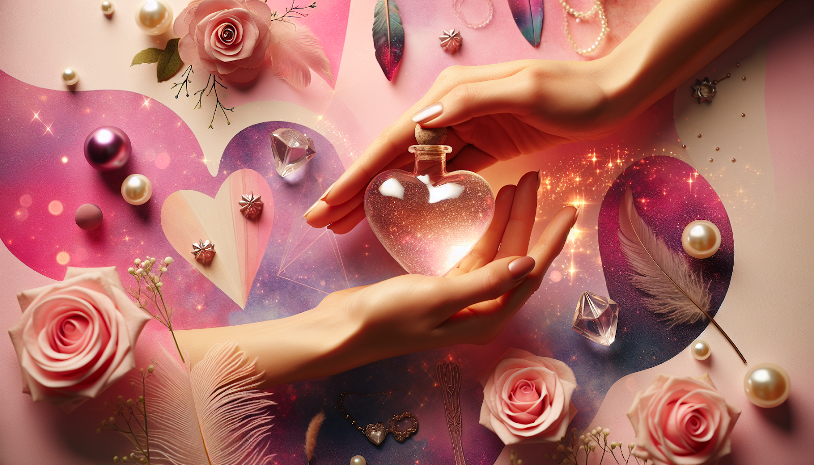 A woman
 holding a glass heart against a pink and purple background with flowers and pearls symbolizing innocence, virginity, and emotion.