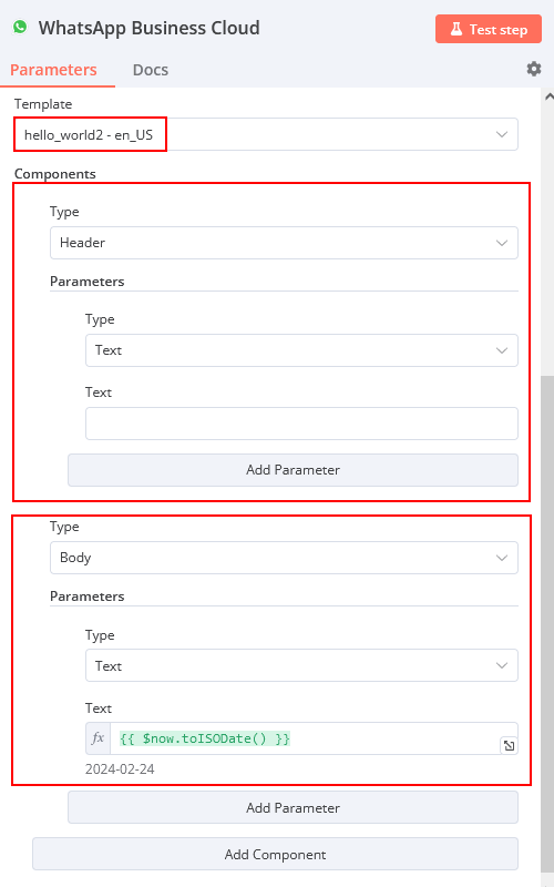 Configuring WhatsApp node with additional Header and Body components