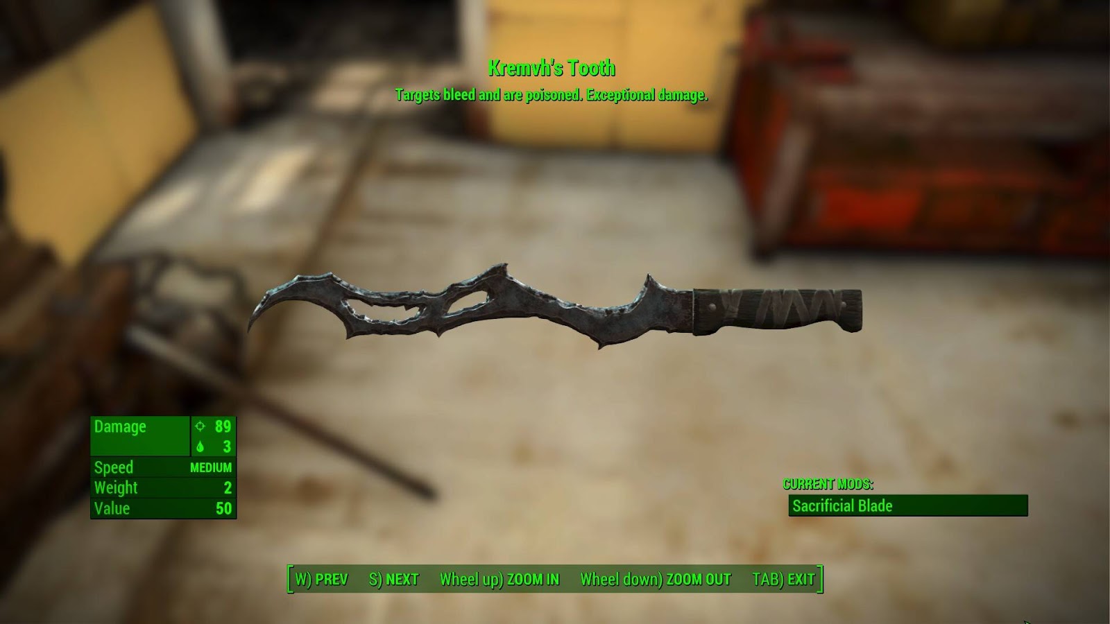 Kremvh's Tooth, a machete with a jagged and warped blade, viewed through the inventory UI of Fallout 4.