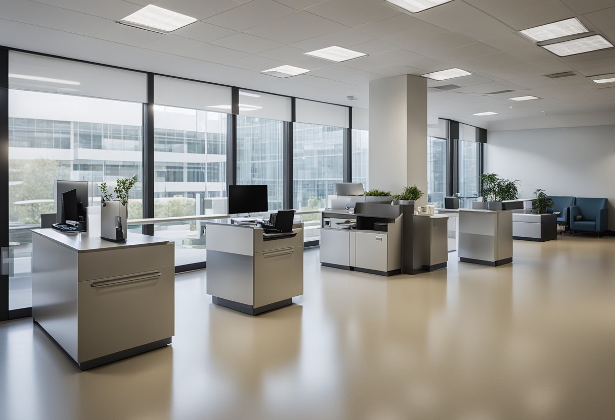 A bright, spacious office with clear signage for safety protocols, including hand sanitizer stations and designated cleaning supplies