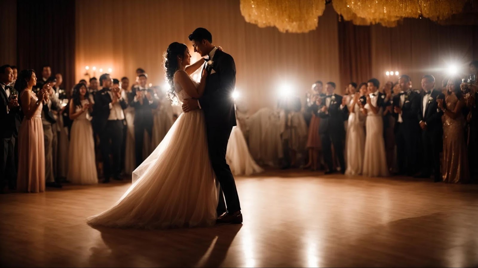 a couple gracefully performs their wedding dance under soft, ambient lighting, their elegant attire flowing seamlessly with each movement.