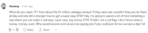Someone on Reddit reaffirms that the $75- Cash App surveys are a scam and should not be trusted. 