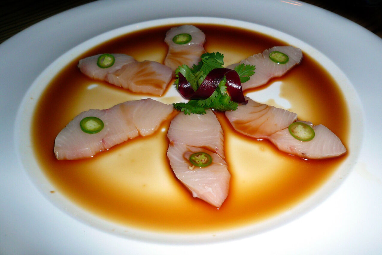 Yellowtail sashimi with jalapeno by chef Nobu Matsuhisa