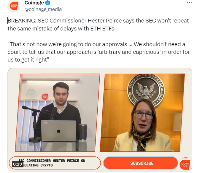 SEC專員稱不會拖延以太坊現貨ETF審批，有助ETH價格領先反彈