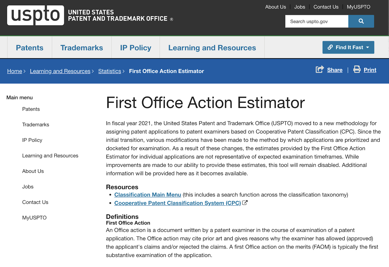 USPTOのFirst Office Action Estimator