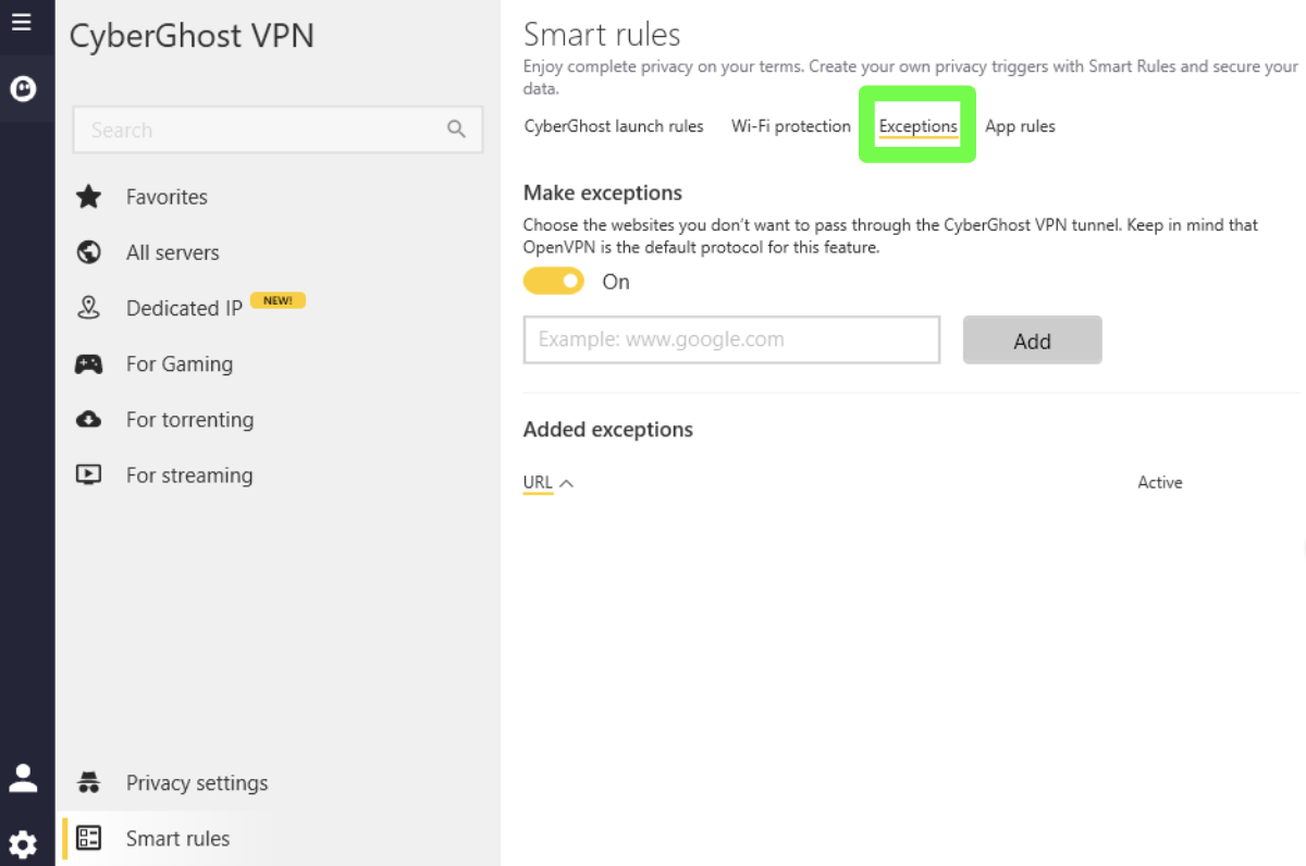 Screenshot of the Exceptions feature in the CyberGhost VPN for Windows app