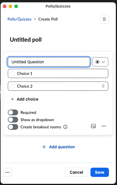 Zoom polls/quizzes create poll question window