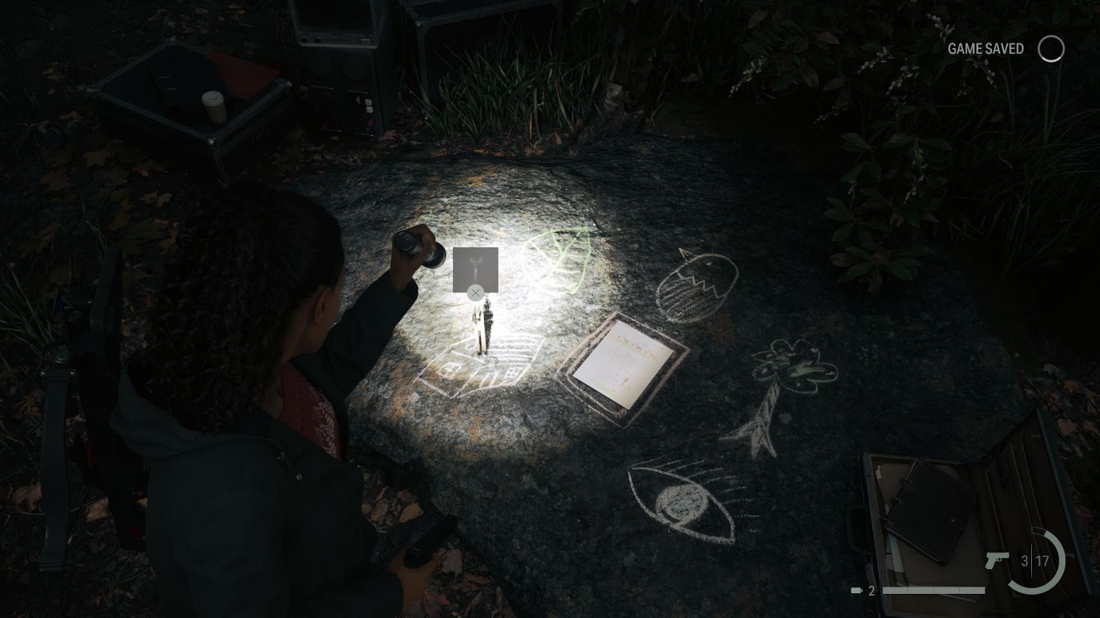 An in game screenshot of the solved three deer's nursery rhyme from the game Alan Wake II. 