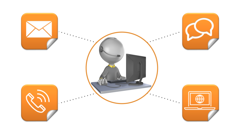 Illustrated person with professional headphones on with dotted lines to different communications channels (email, text, phone calls, and a laptop)