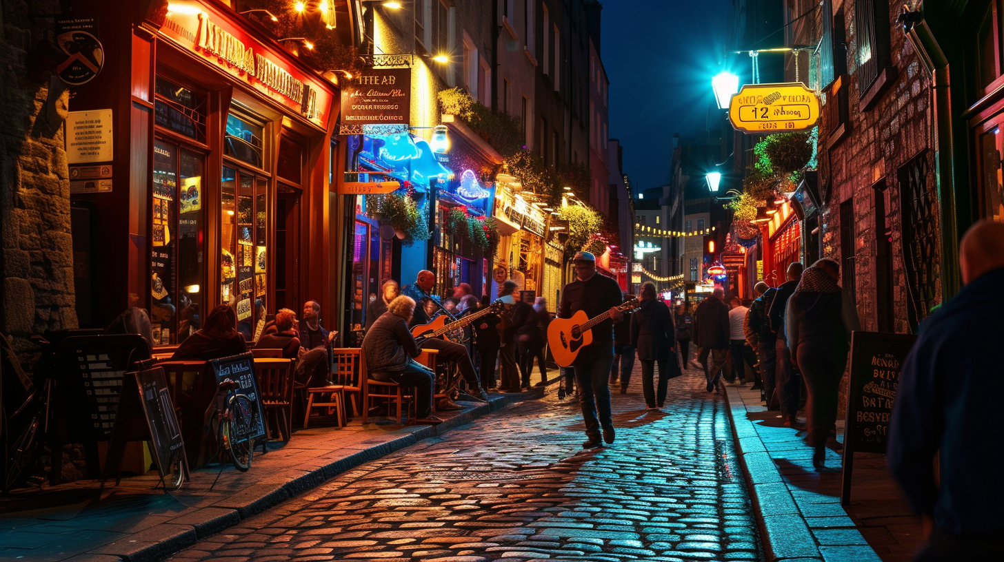 The historic Temple Bar district comes alive at night, its cobbled streets resonating with the melodies of live music and the lively chatter of Dublin's night owls.