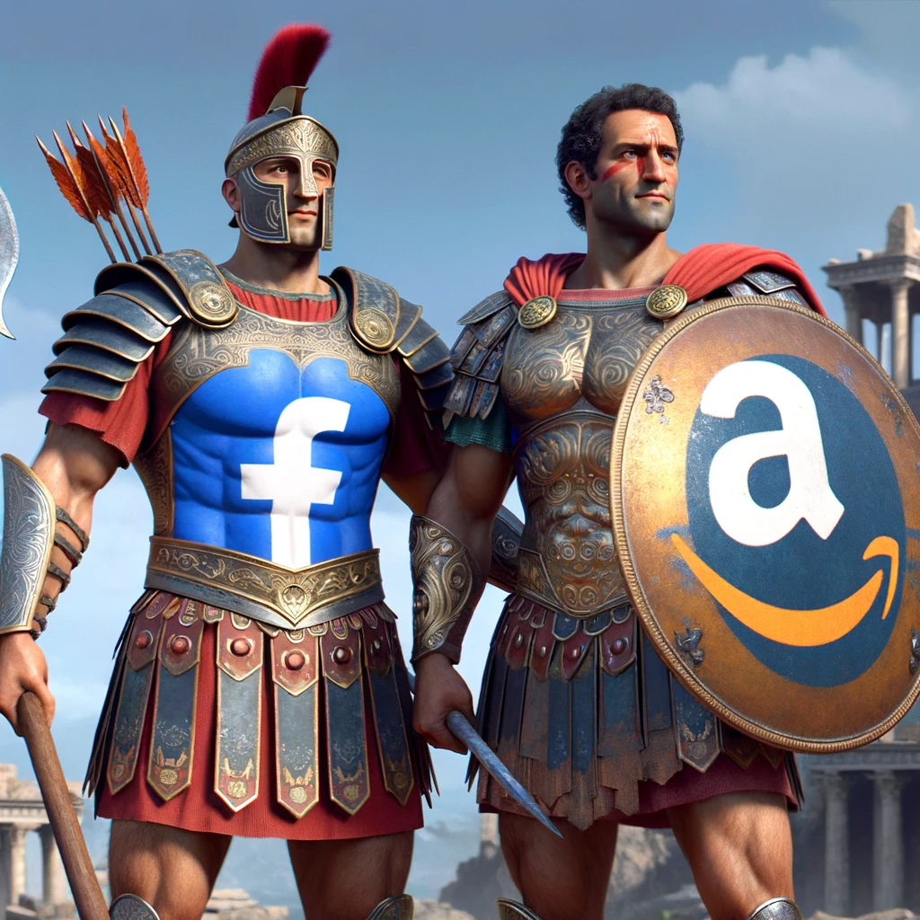 Mythological heroes with Amazon and Facebook logos