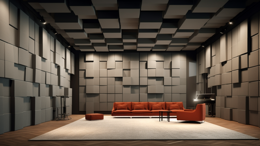 Premium flat acoustic panels with a polyester-felt texture, varying thicknesses, and densities, creating a well-balanced and acoustically optimized environment